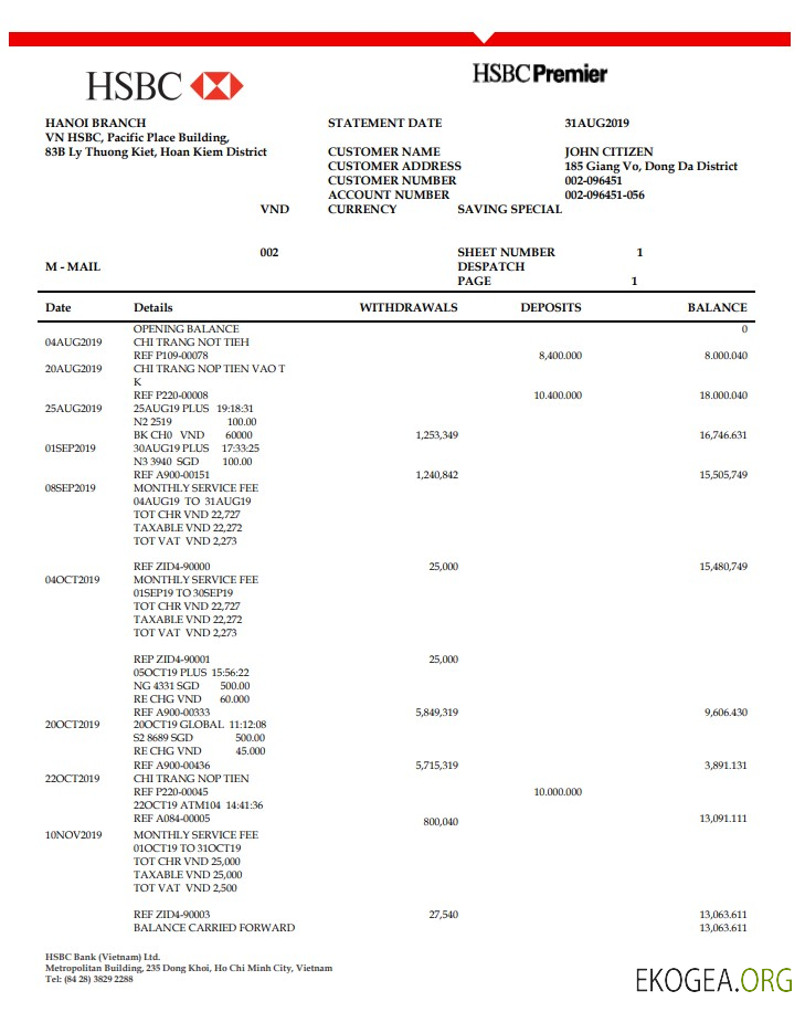 Relevé bancaire HSBC du Vietnam